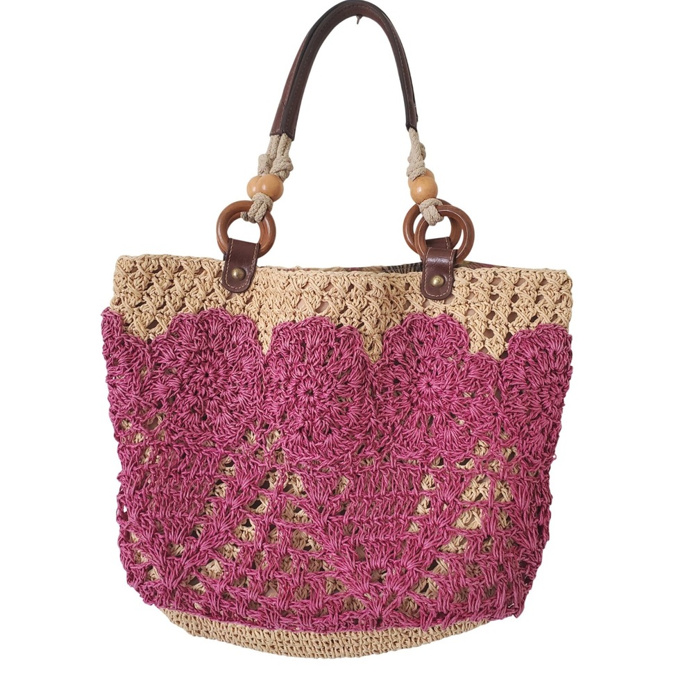 Fossil Straw Crochet‎ Tote Shoulder Bag Pink Beige Wood Beaded Boho Vacation